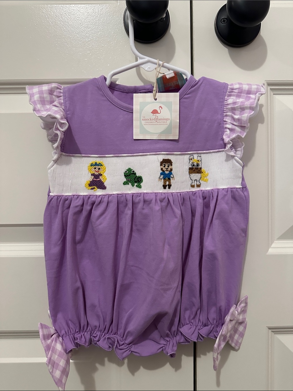 New with tags Lilac Baby Bubble Romper with Smocked Disney Rapunzel Style
